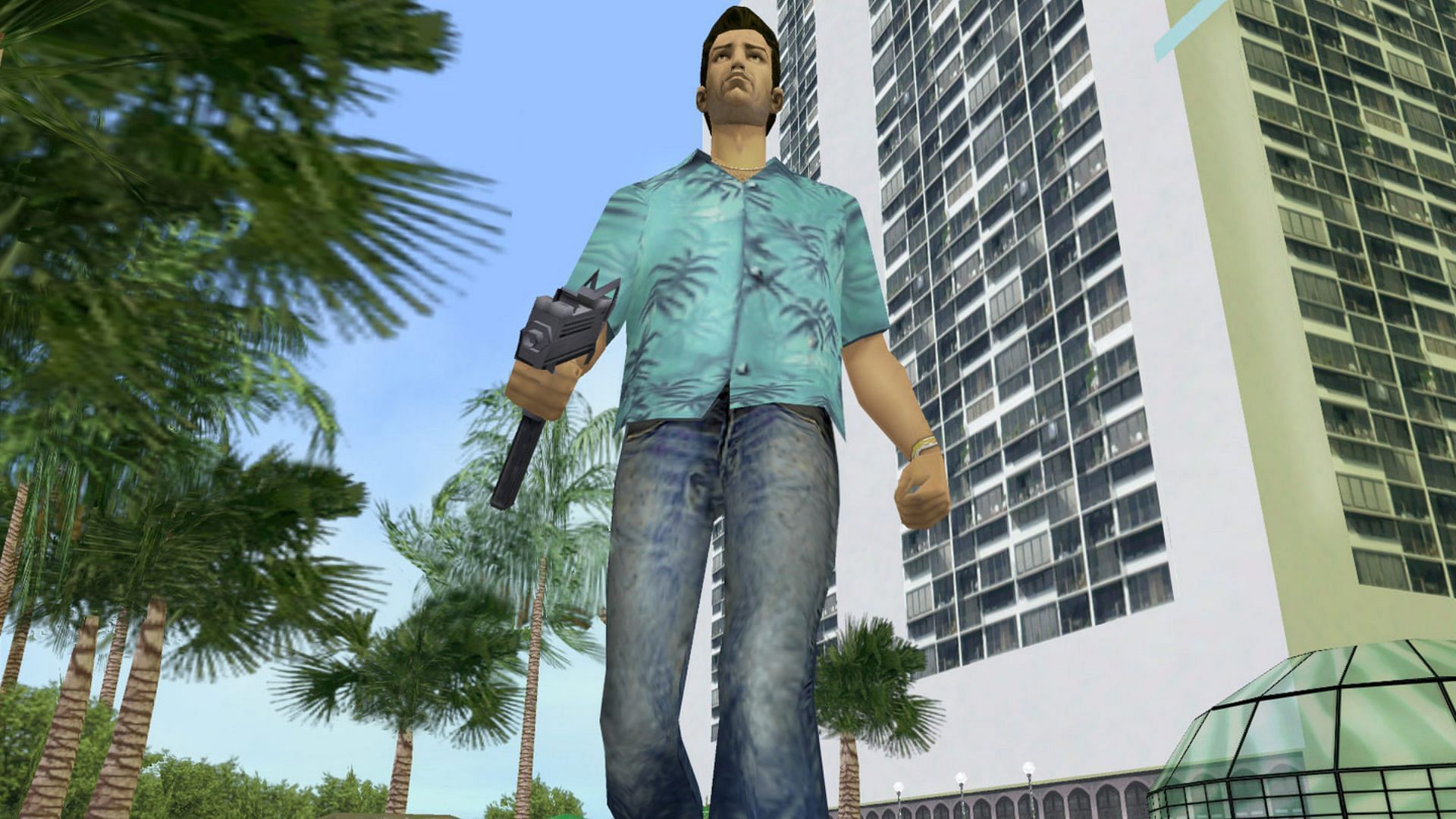 The blue Hawaiian shirt, jeans, and sneakers are Tommy Vercetti's signature attire from GTA Vice City (Image via Rockstar Games || Steam)
